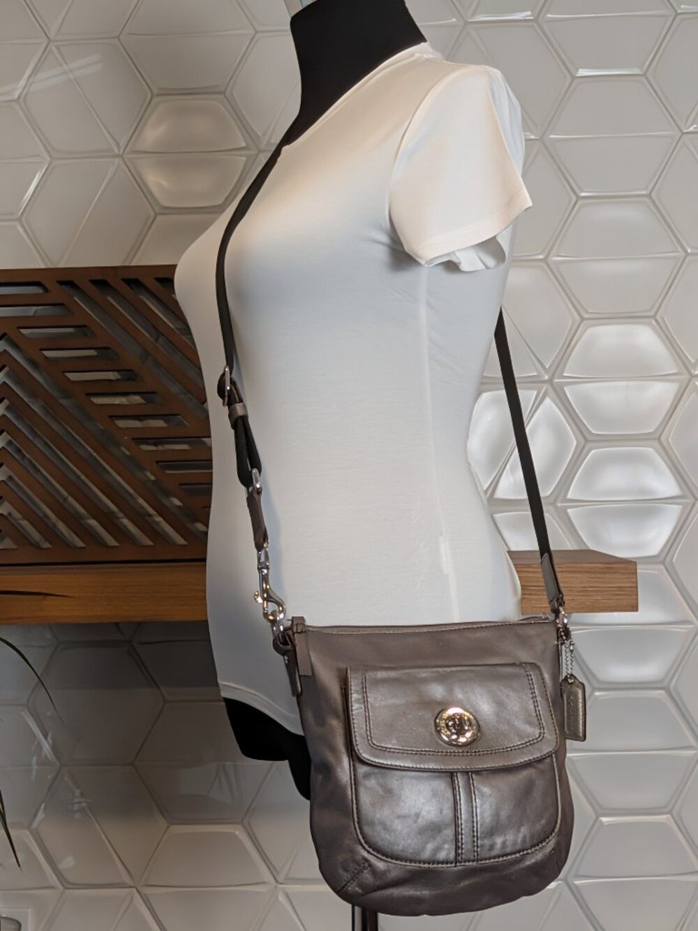 Coach Metallic Grey Leather Crossbody Bag Womens Turnlock